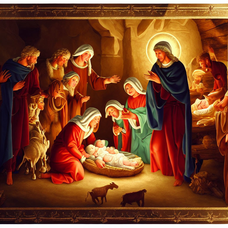 Nativity scene painting with Mary, Joseph, baby Jesus, shepherds, wise men, and
