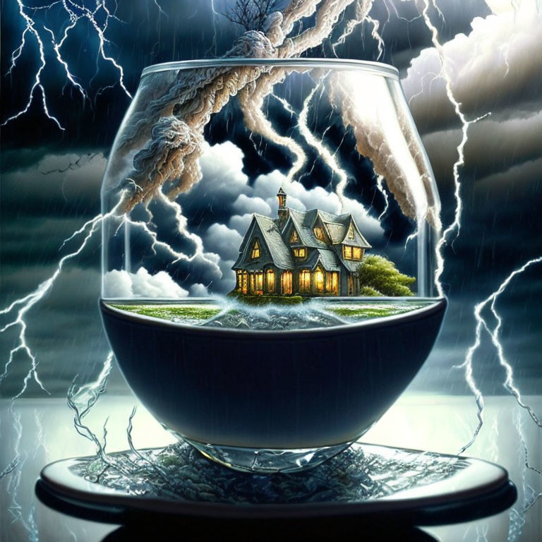 Surreal artwork: Cozy house in glass bowl with stormy backdrop