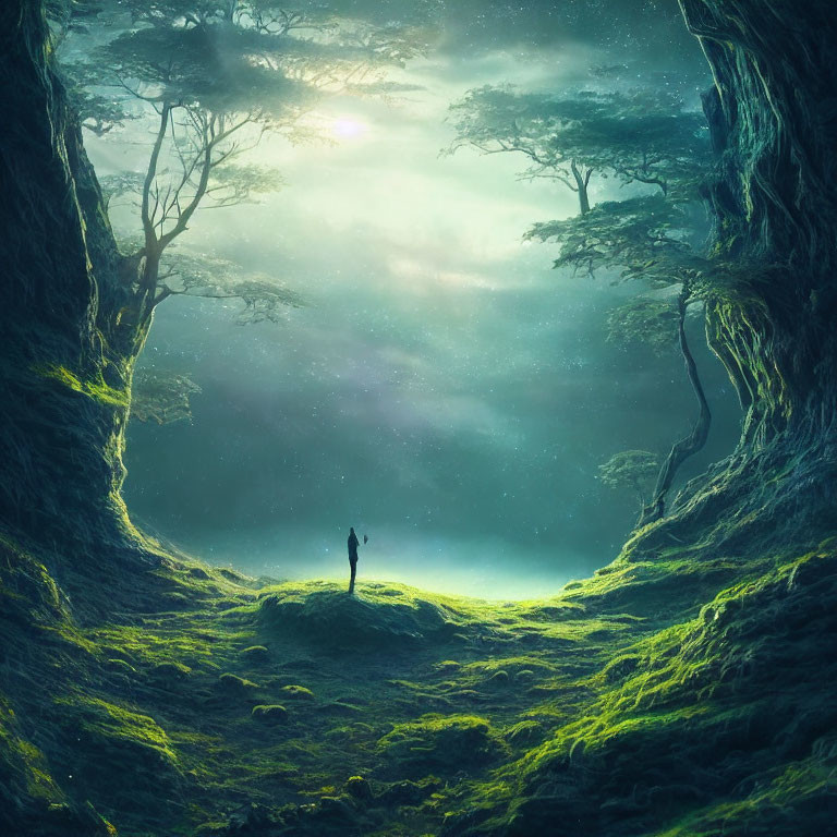 Solitary figure in mystical forest clearing with ethereal light.
