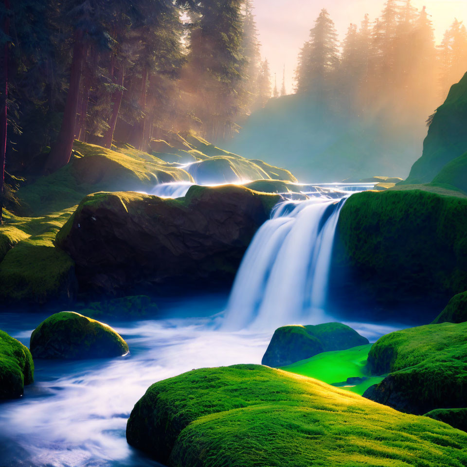 Tranquil waterfall with moss-covered rocks in misty forest