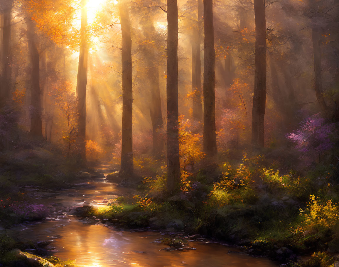 Tranquil forest scene with sunlight, creek, and autumn colors