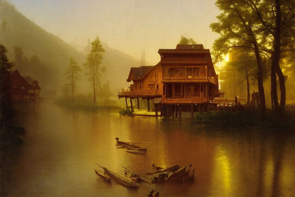 Tranquil lake sunset with wooden house, rowing boats, and distant mountains.