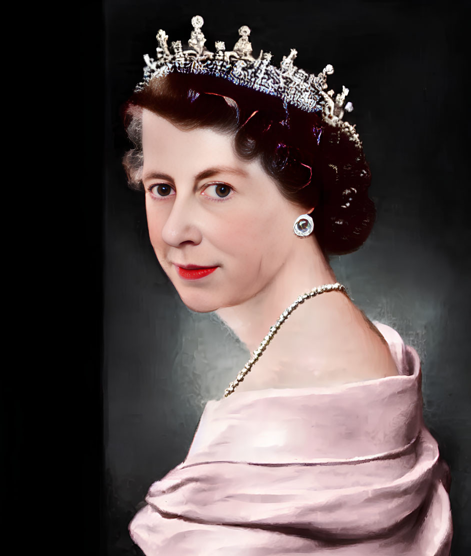 Elegant woman portrait with tiara, pearl necklace, pink dress
