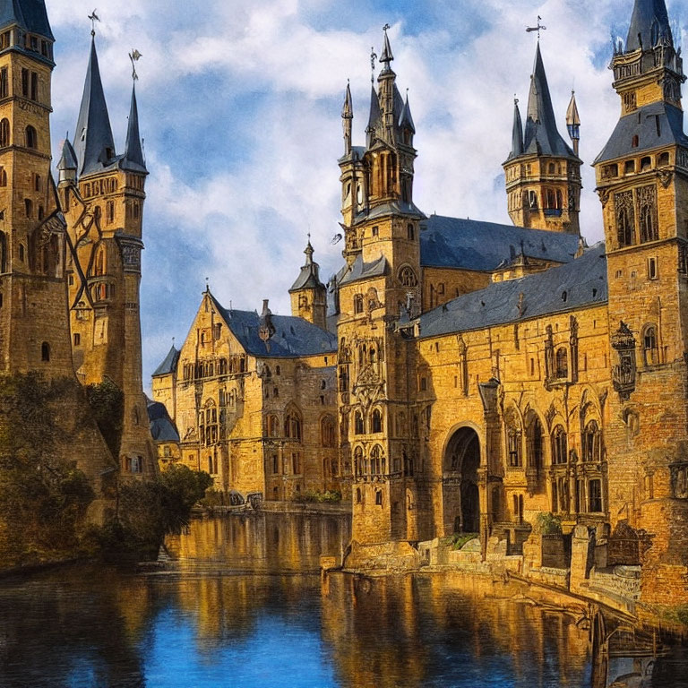 Medieval castle with spires mirrored in tranquil river against blue sky