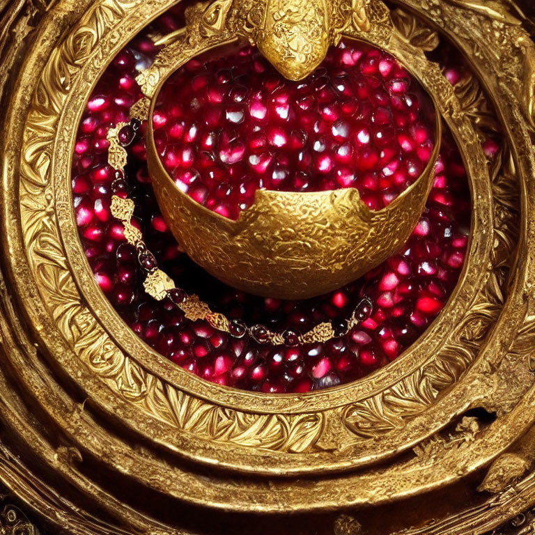 Golden ornate bowl with red pomegranate seeds in decorative frame.