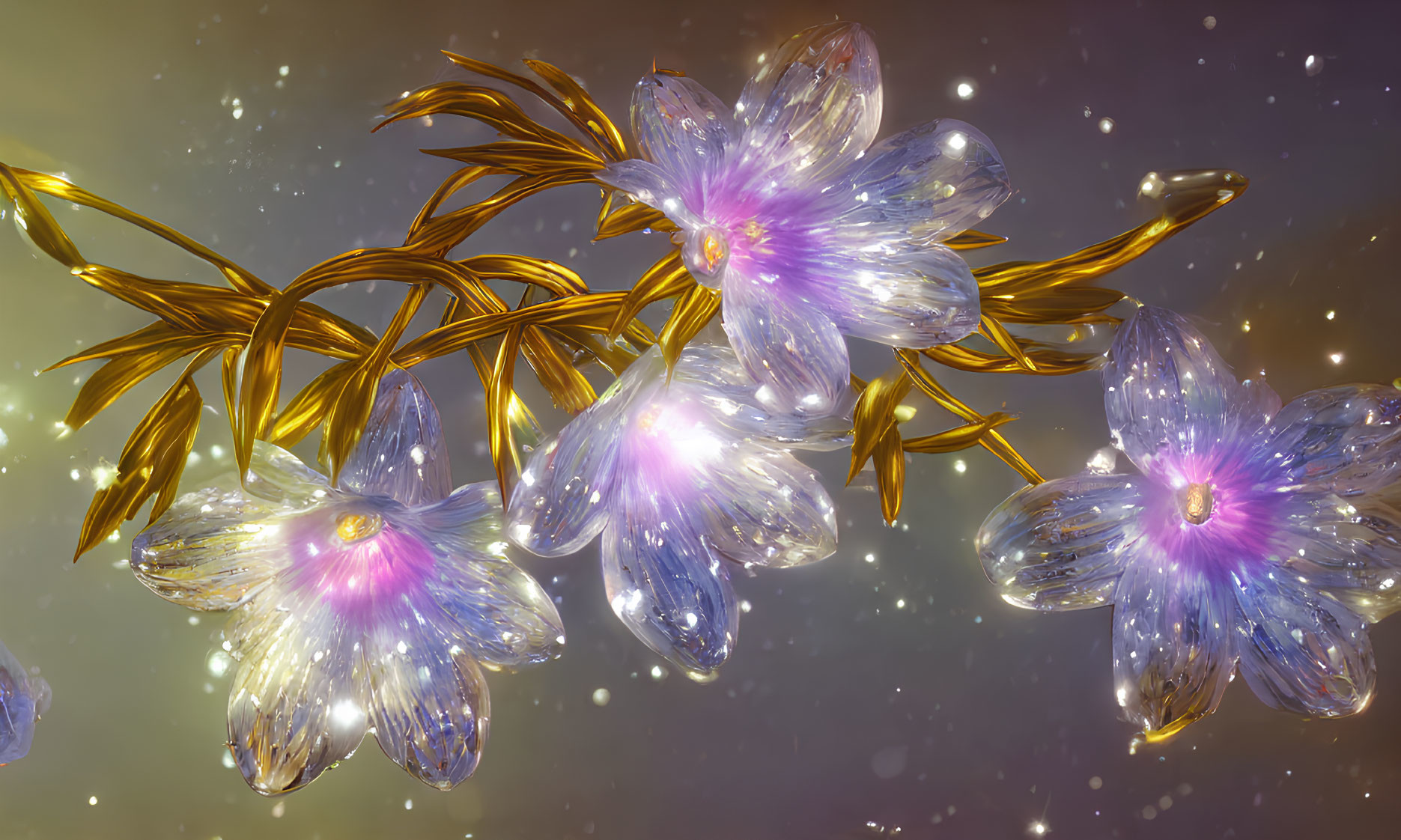 Translucent glowing flowers with golden stems on amber background