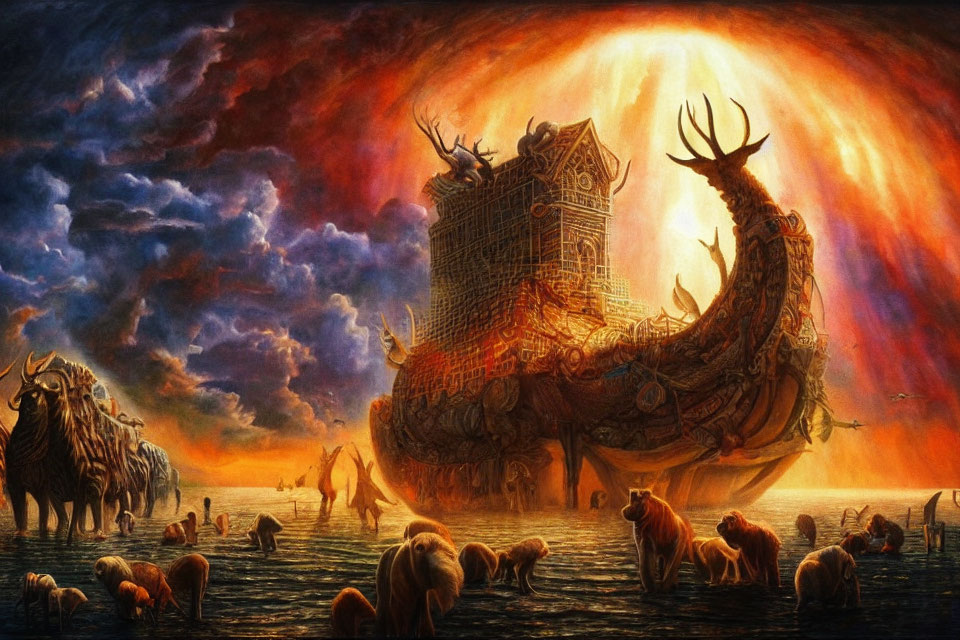 Fantasy landscape featuring giant deer head ship among animals under fiery sky