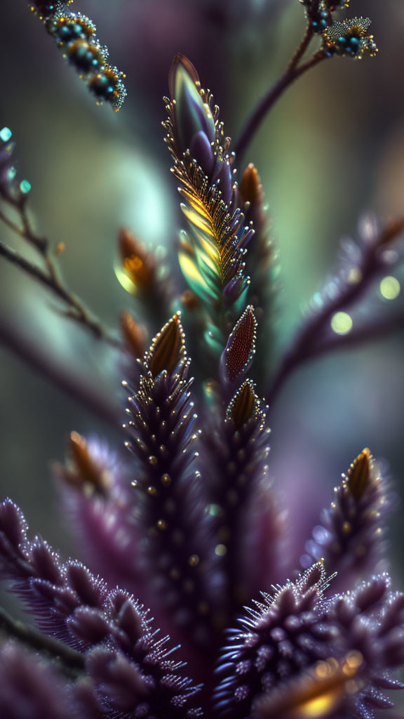 Detailed Close-Up of Vibrant Purple Flora with Water Droplets and Bokeh Effect