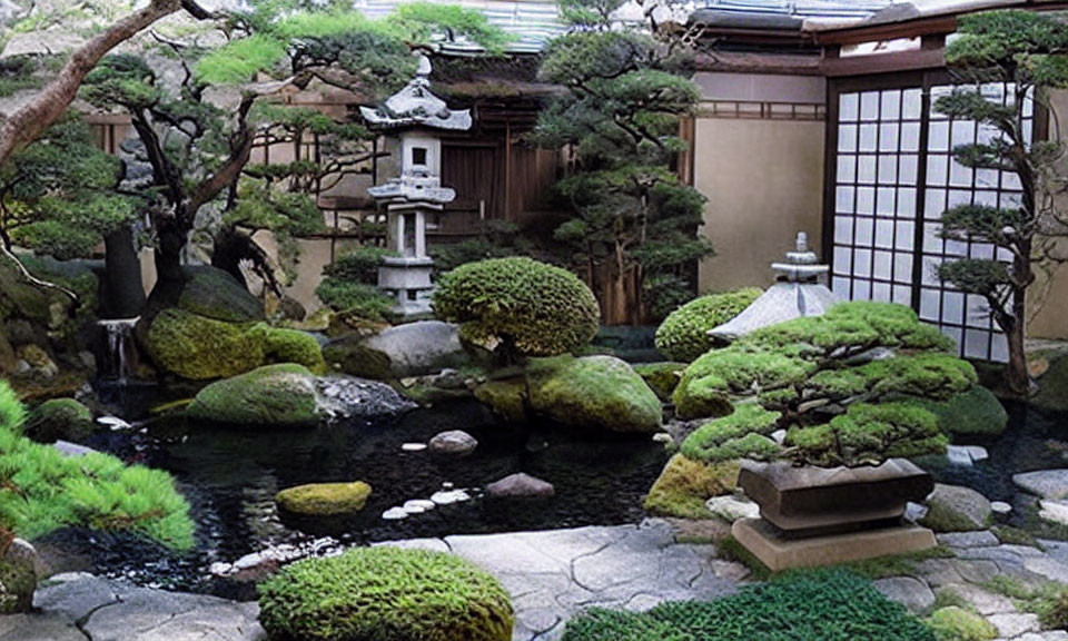 Manicured Japanese garden with pond, lanterns, and wooden structure