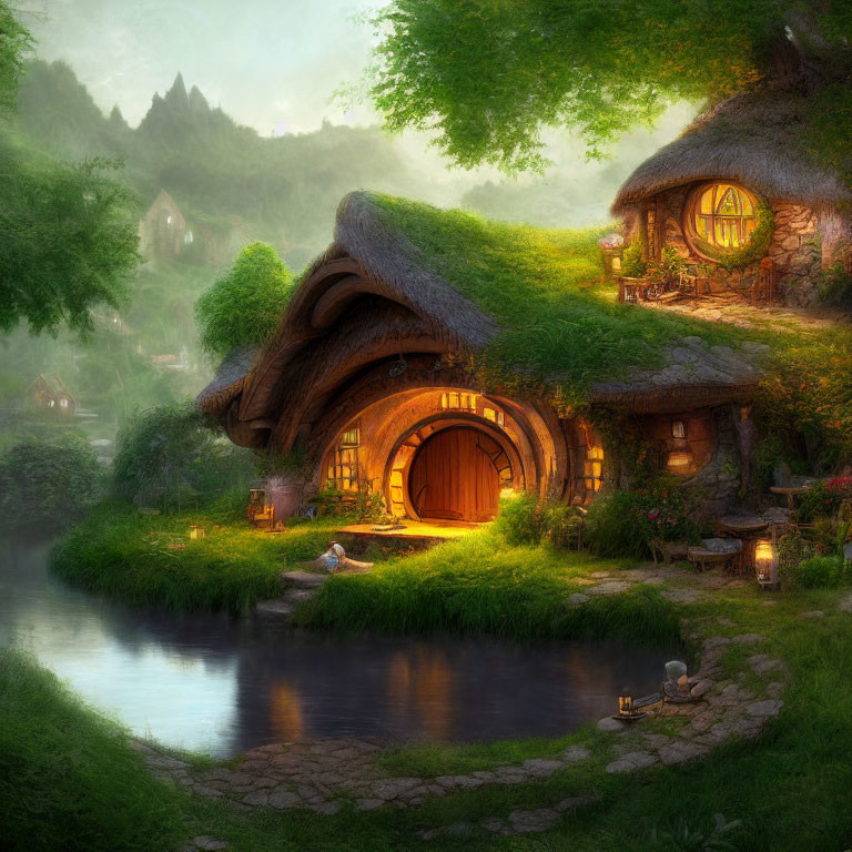 Twilight scene: Thatched-roof cottage by serene pond amid lush greenery