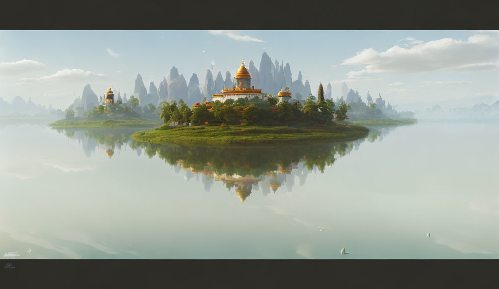 Golden temple on lush island surrounded by calm waters