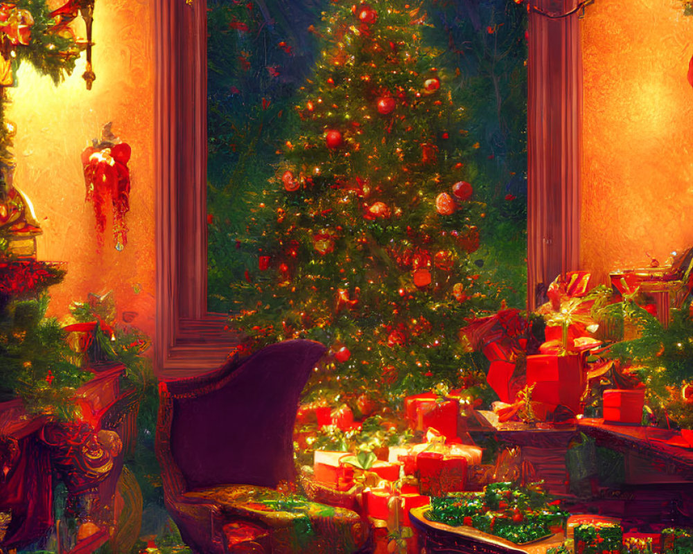 Festive Christmas room with decorated tree and gifts