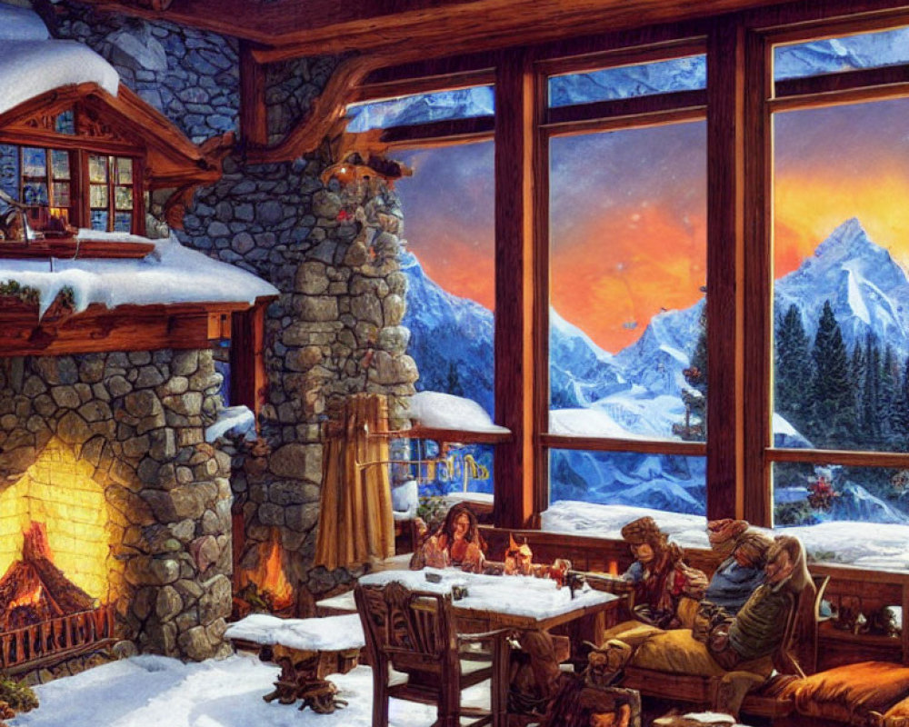 Snowy Mountain Sunset View from Cozy Cabin Interior
