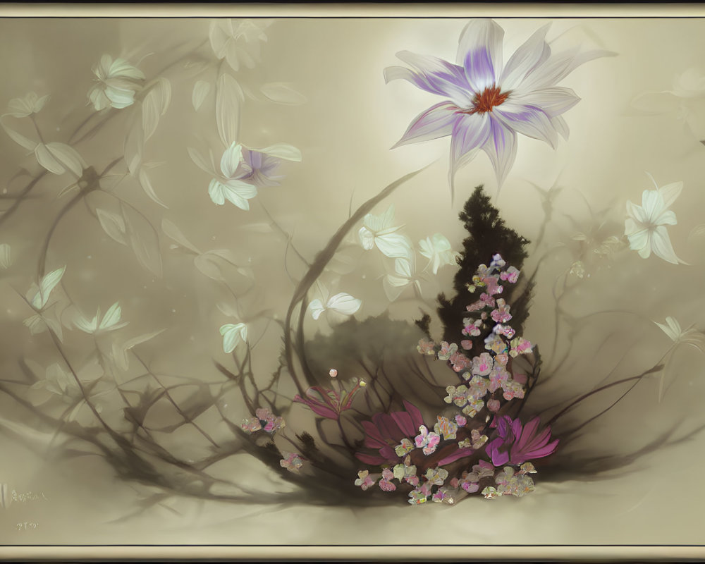 Sepia Toned Floral Artwork with Purple and White Bloom