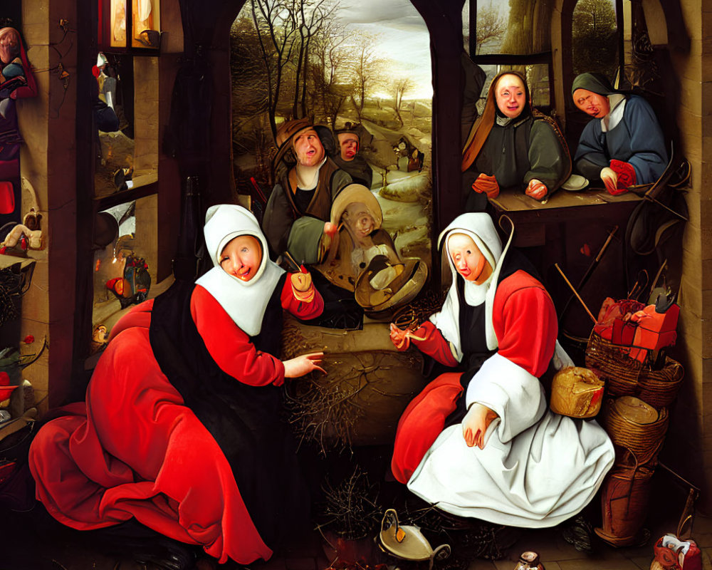 Group of nuns in kitchen painting with snowy landscape and basket details