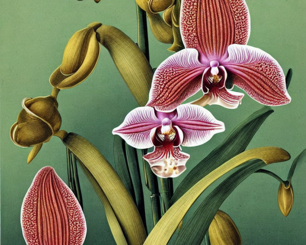 Detailed vintage pink and white orchids illustration on green background