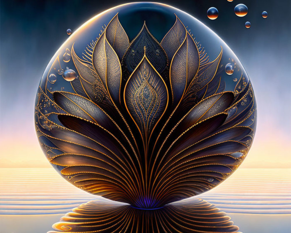 Surreal digital artwork: Large flower-like structure in translucent orb amidst smaller orbs at twilight horizon