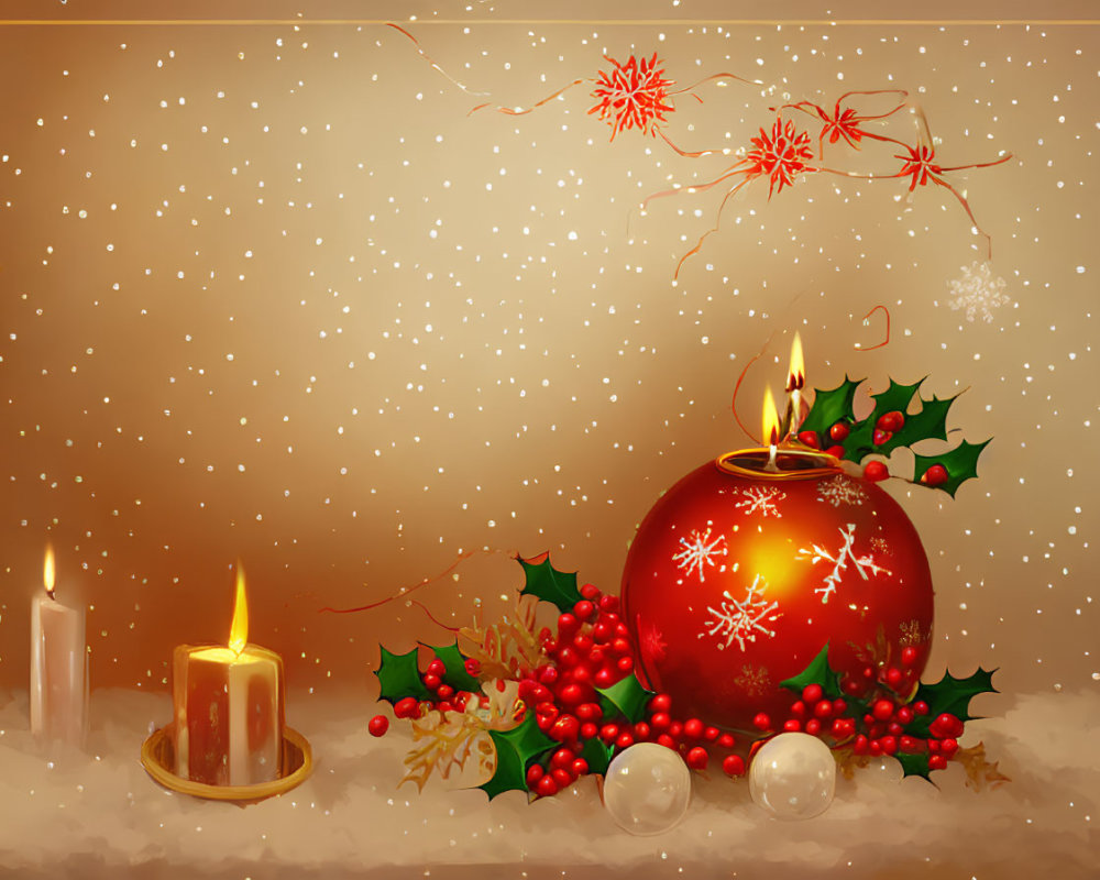Festive holiday scene with red candle holder, lit candle, holly berries, leaves, and