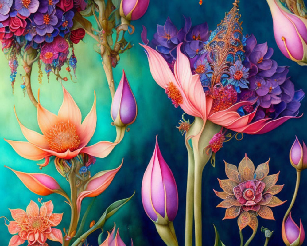Colorful Exotic Flowers Digital Art on Teal Background