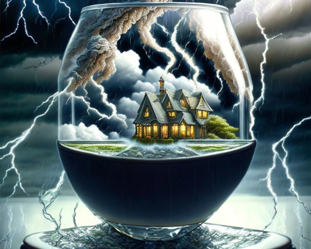 Surreal artwork: Cozy house in glass bowl with stormy backdrop