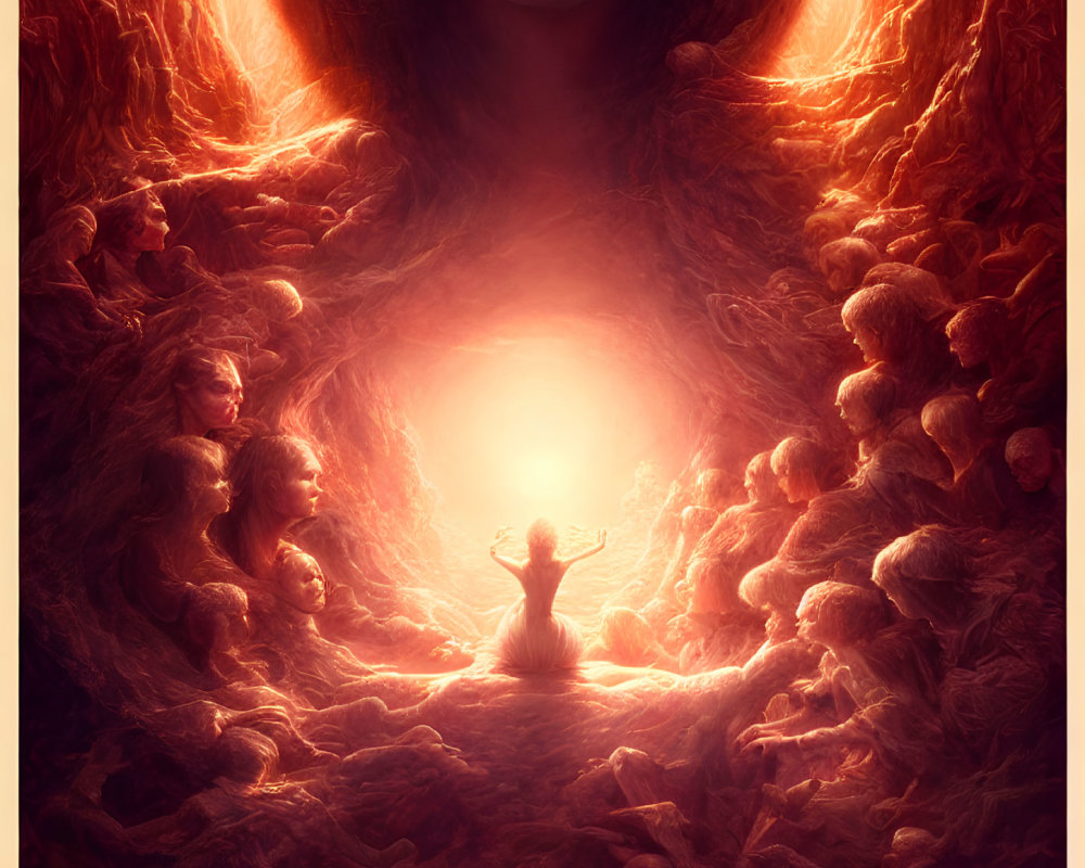 Surreal image of person in cavern with bright light and otherworldly figures