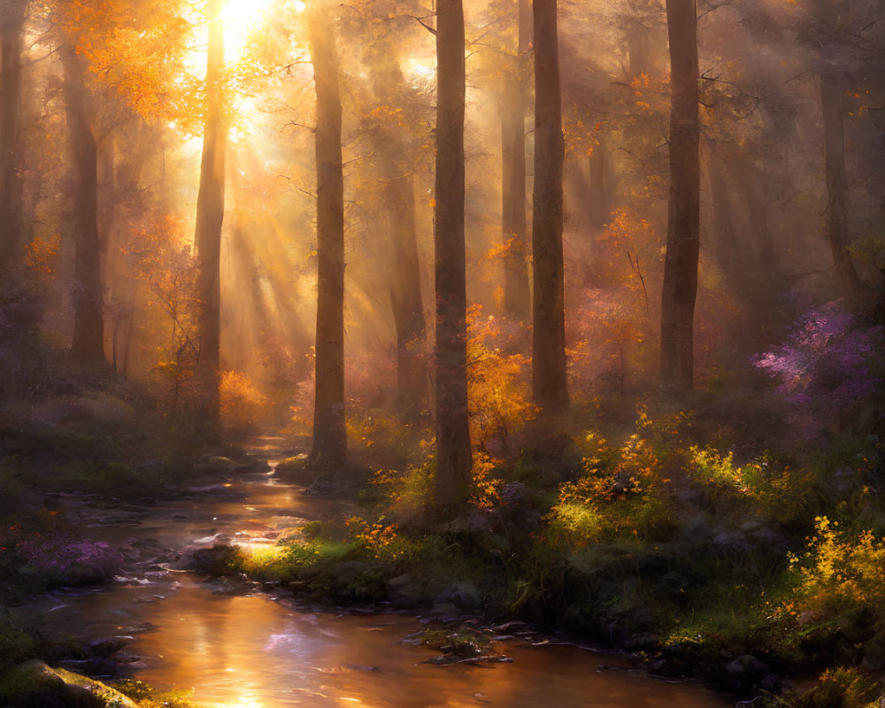 Tranquil forest scene with sunlight, creek, and autumn colors