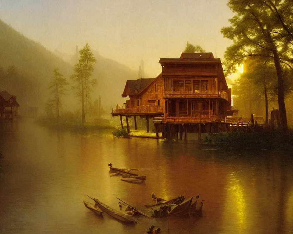 Tranquil lake sunset with wooden house, rowing boats, and distant mountains.