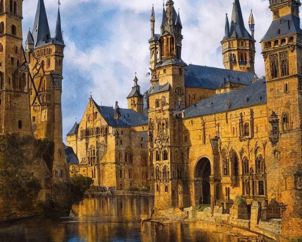 Medieval castle with spires mirrored in tranquil river against blue sky