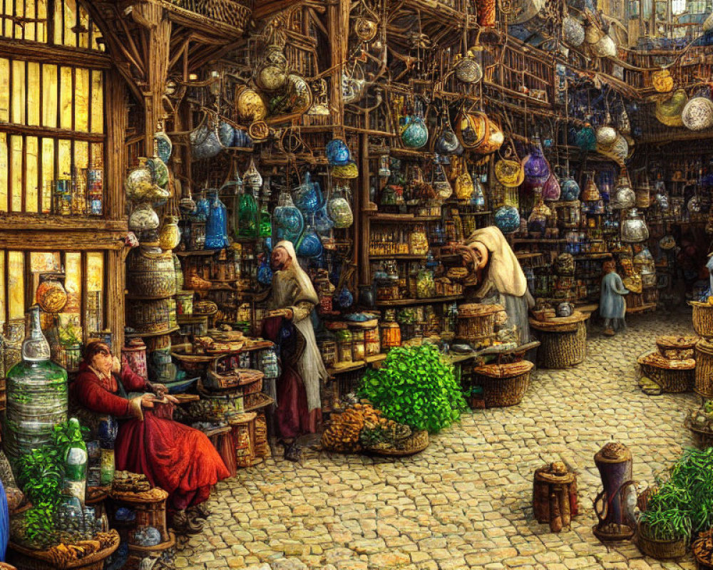 Medieval marketplace with pottery, baskets, and glassware vendors