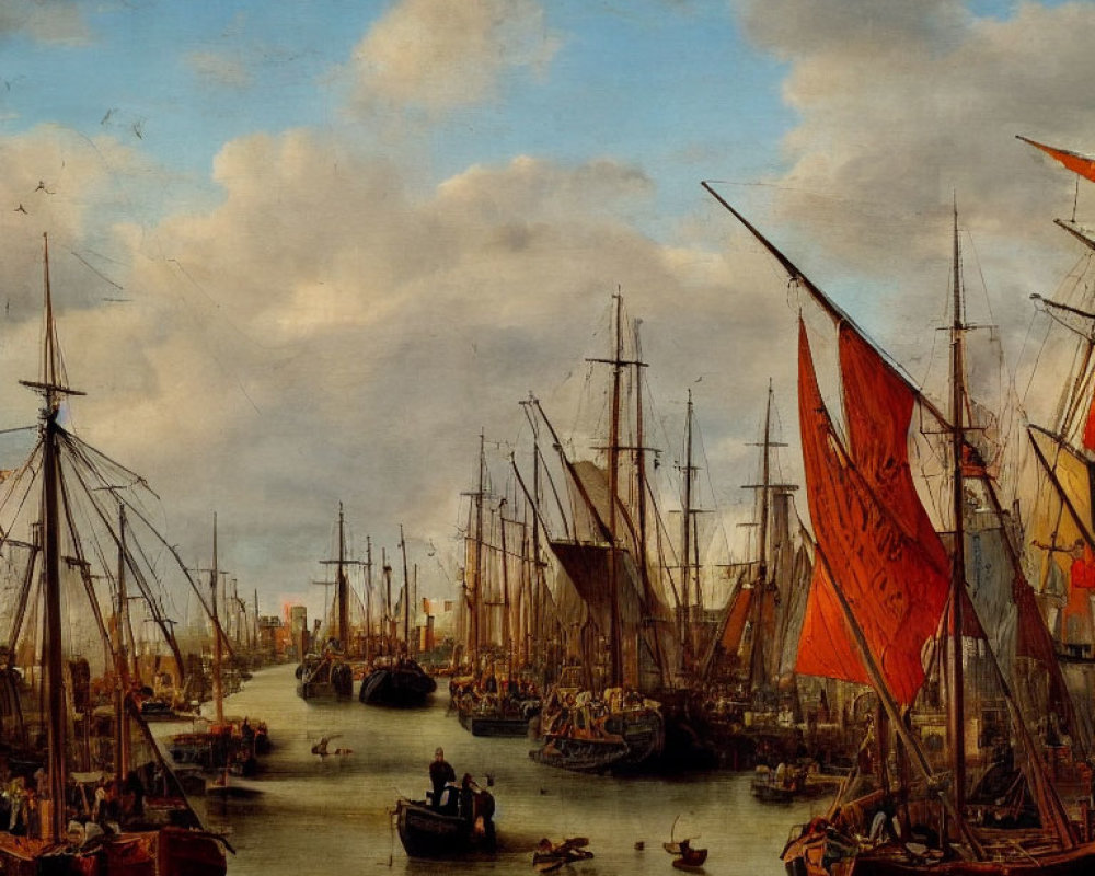 Historical port scene with tall ships and lively waterfront
