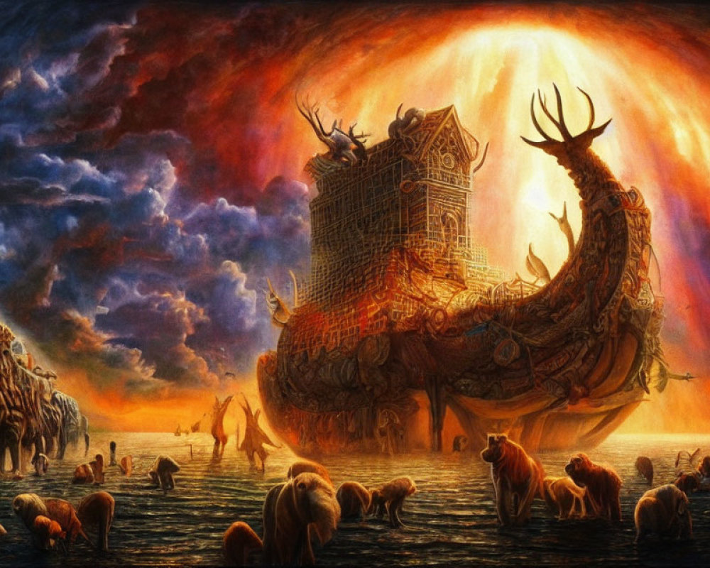 Fantasy landscape featuring giant deer head ship among animals under fiery sky