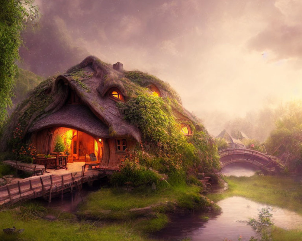 Thatched-Roof Cottage in Misty Landscape with Wooden Bridge