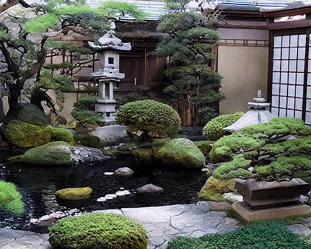 Manicured Japanese garden with pond, lanterns, and wooden structure