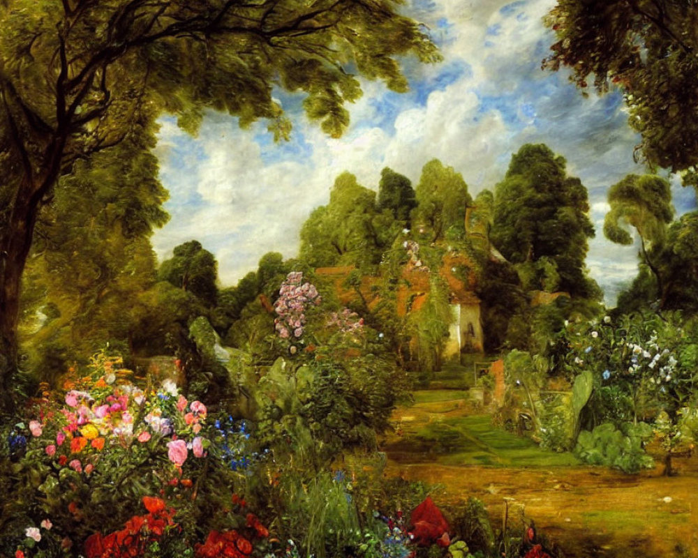 Colorful Flowers Surround Quaint Cottage in Lush Garden