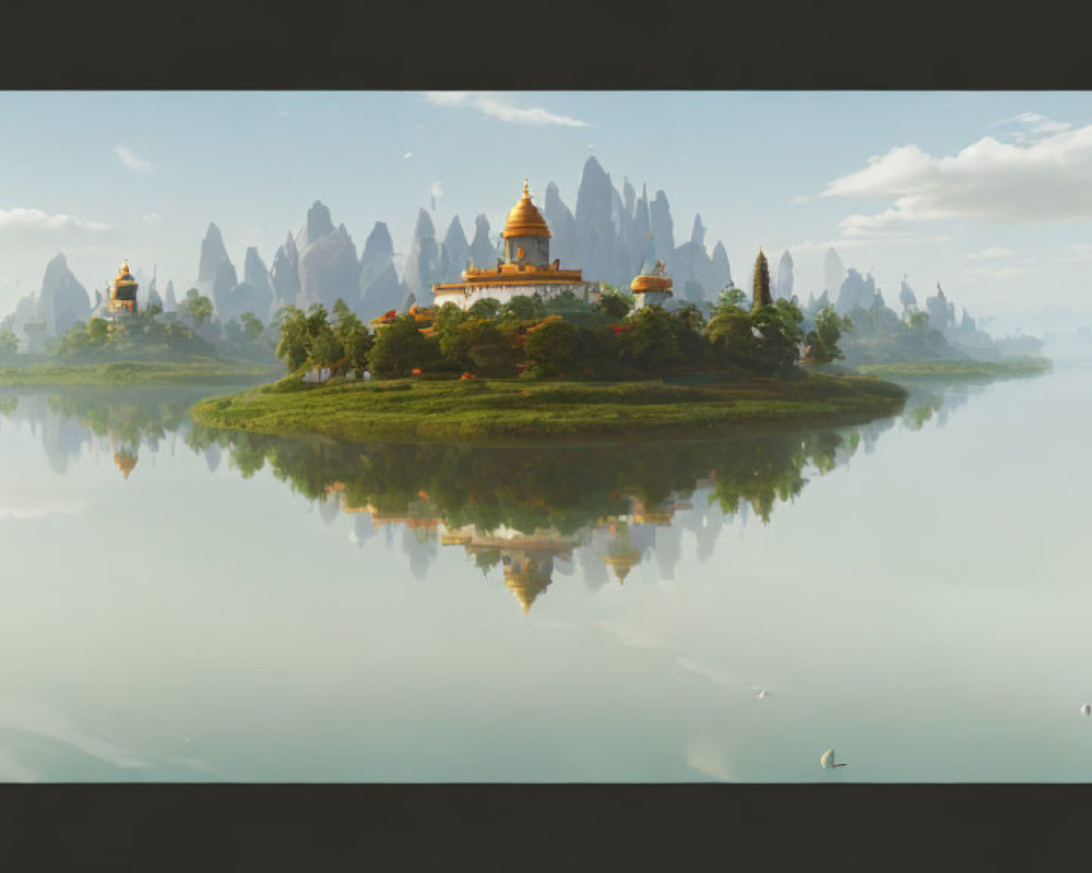 Golden temple on lush island surrounded by calm waters