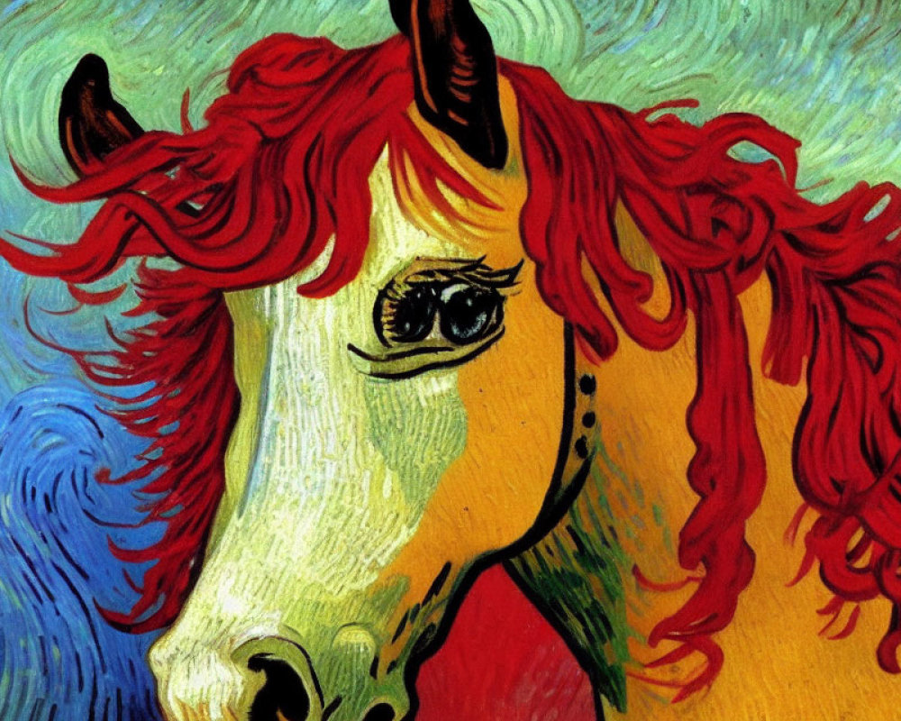 Vibrant painting of a horse-like creature with red mane and horns on blue background