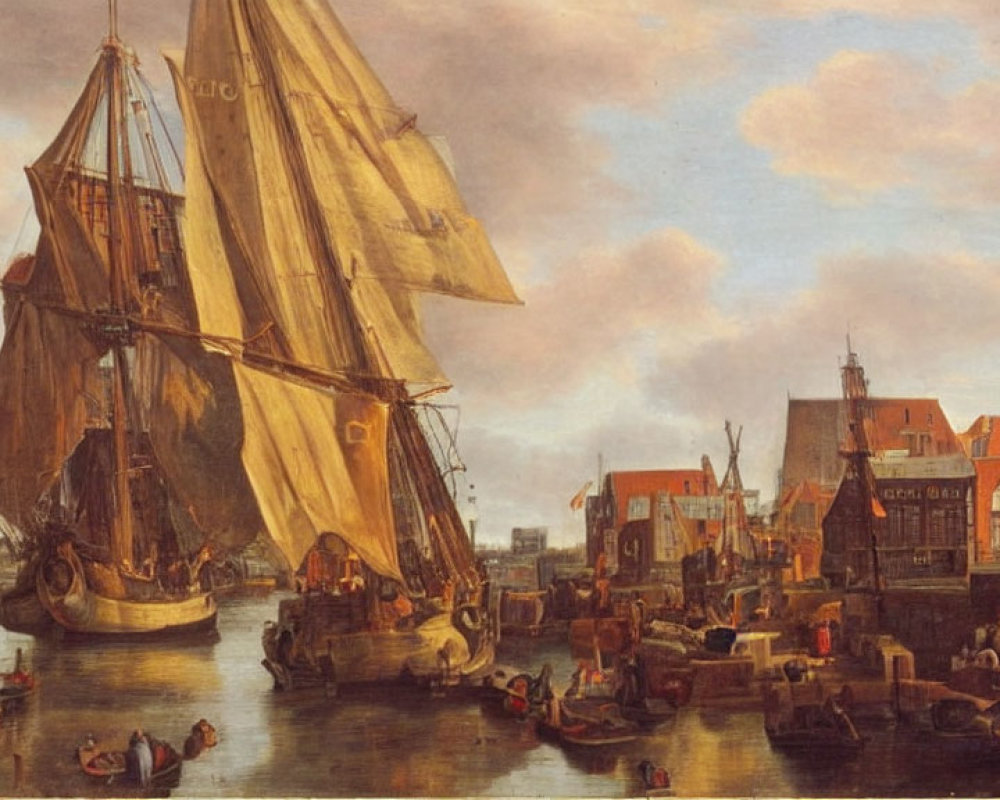 Maritime oil painting of tall ships in a bustling harbor