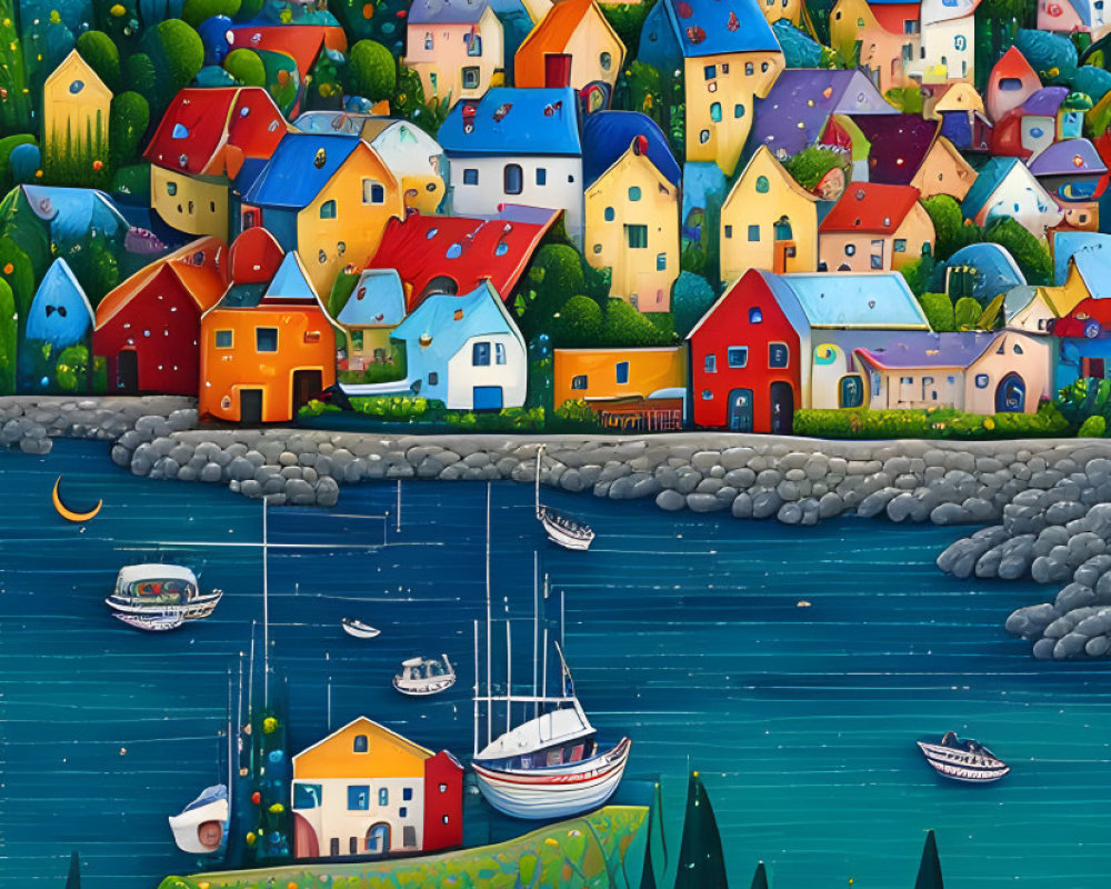 Vibrant coastal village illustration with clustered houses, boats, and greenery