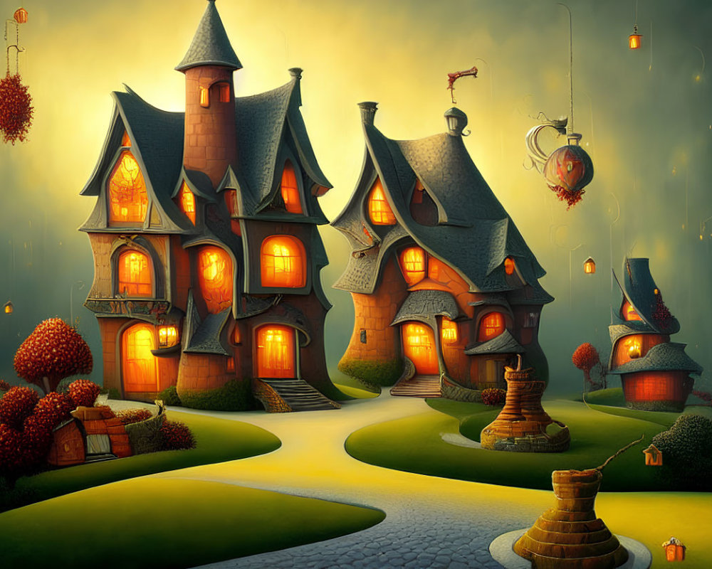 Fantasy houses with glowing windows, whimsical trees, and floating lanterns at twilight