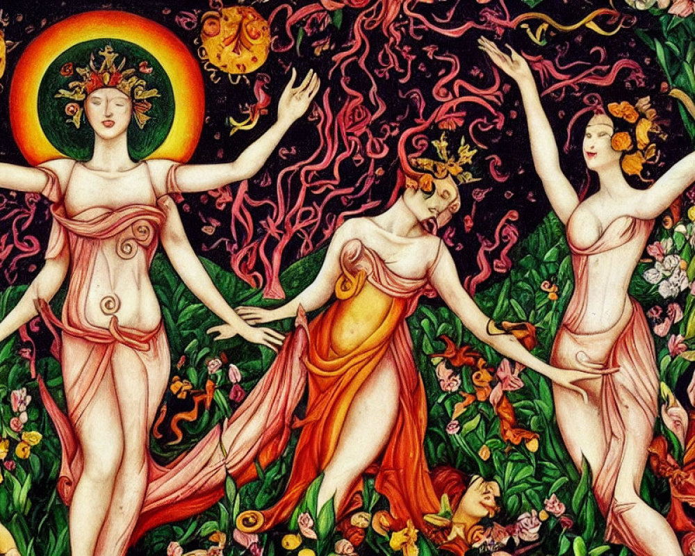Stylized women with floral and solar halos dance amid vibrant flowers and flames