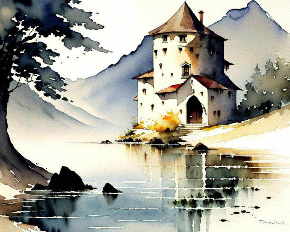 Serene lakeside watercolor painting with white castle, trees, and mountains