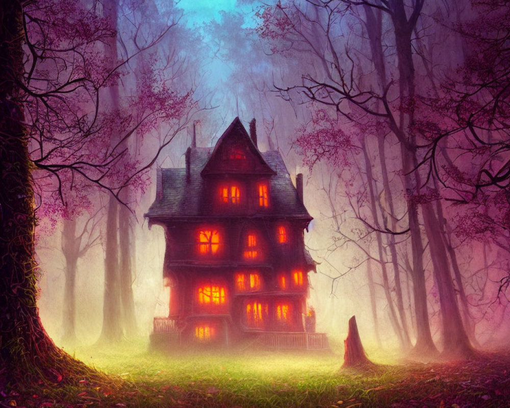 Eerie Victorian house in purple forest under blue moon