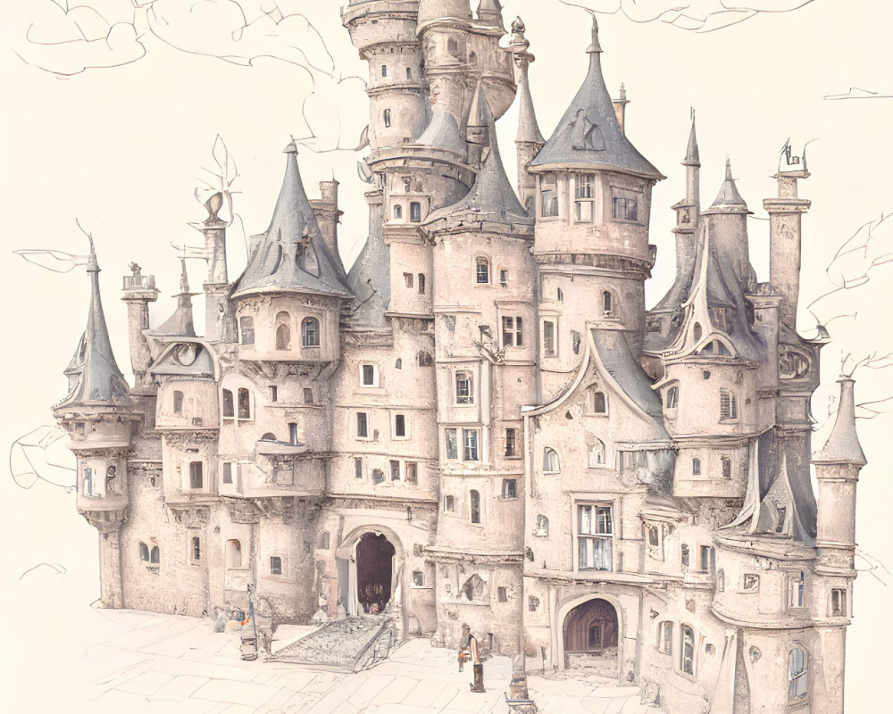 Whimsical castle with multiple towers and turrets against floating clouds