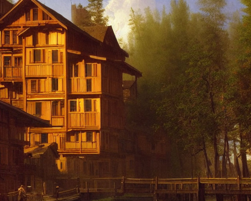 Serene riverside wooden building in golden sunlight.