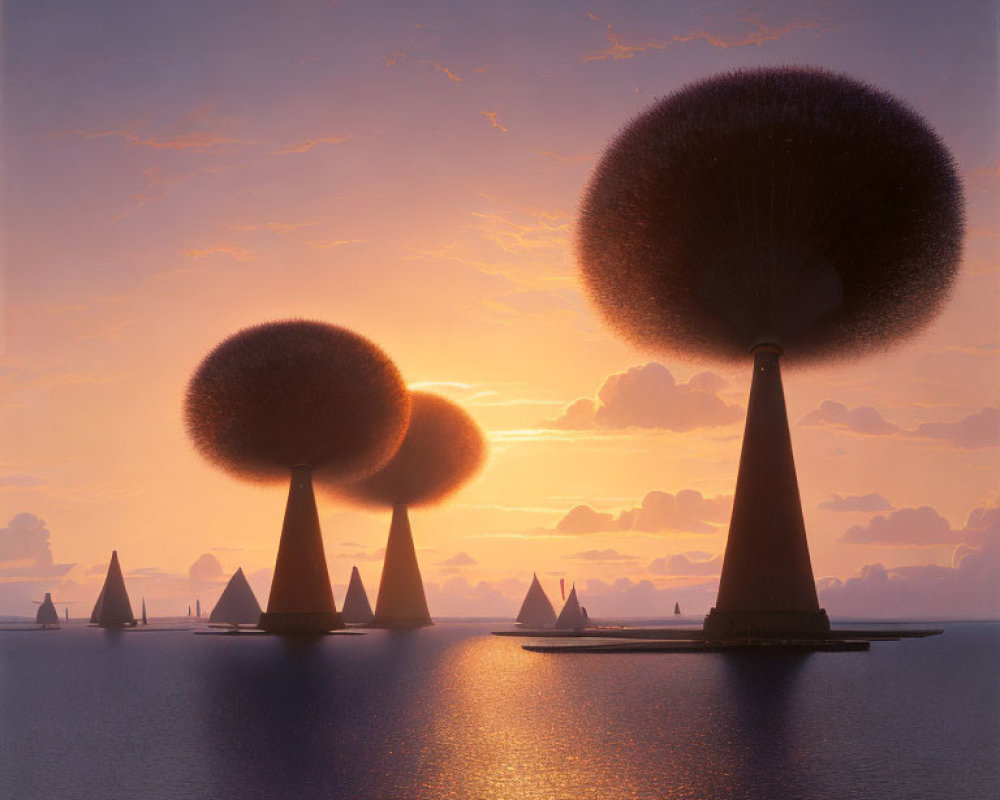 Orange Skies Over Surreal Sunset Landscape with Cone-Shaped Structures