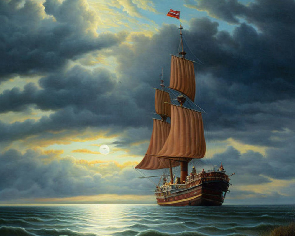 Sailing ship with billowing sails on turbulent sea under dramatic sky