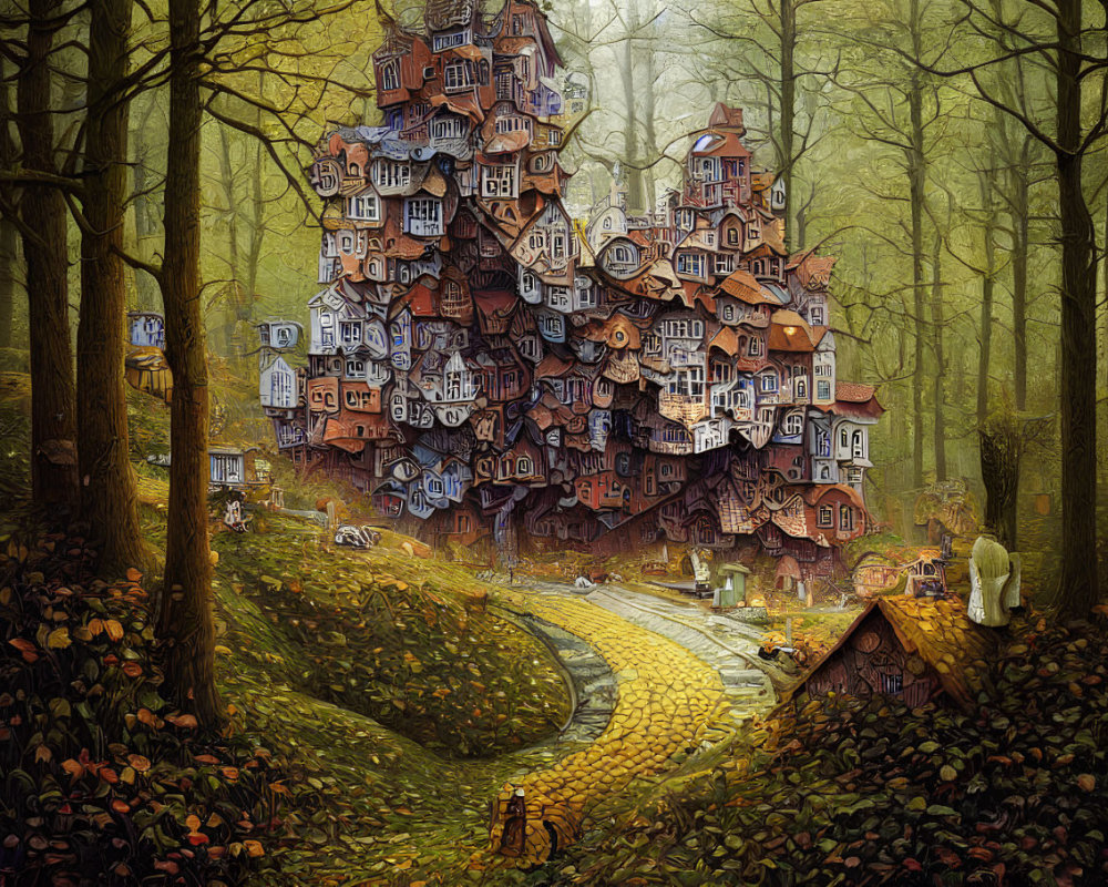 Detailed illustration of fairy-tale cottages on tree-like structure in forest