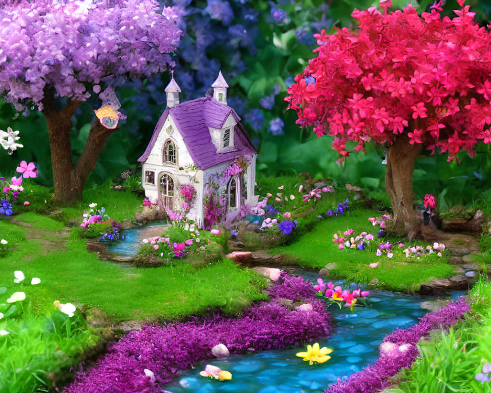 Colorful Miniature Garden with Purple and Red Trees, Quaint House, Stream, and Ducklings