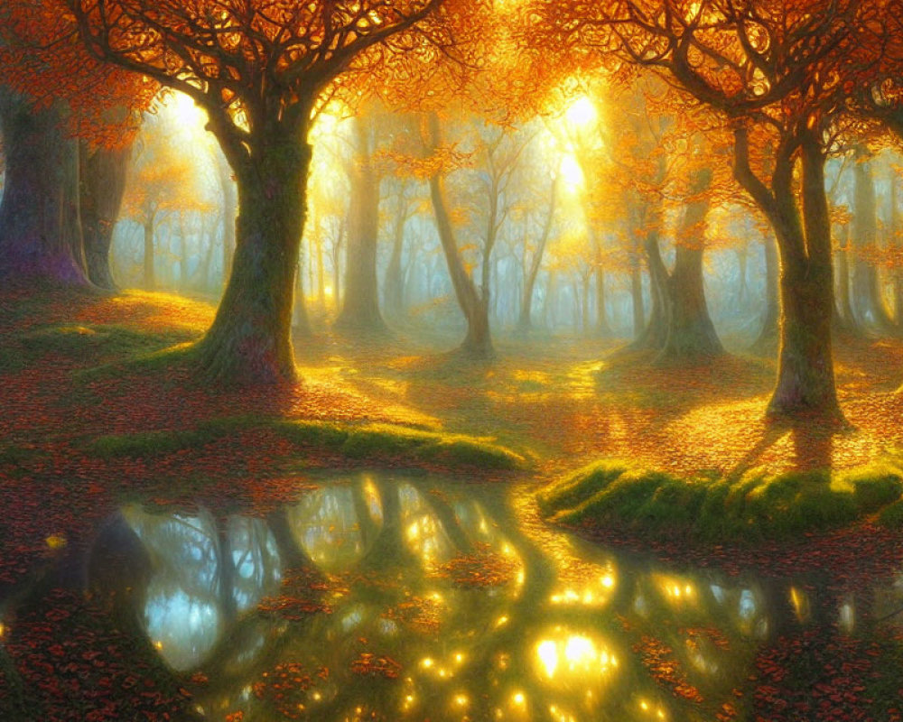 Tranquil autumn forest scene with golden sunlight and water reflections