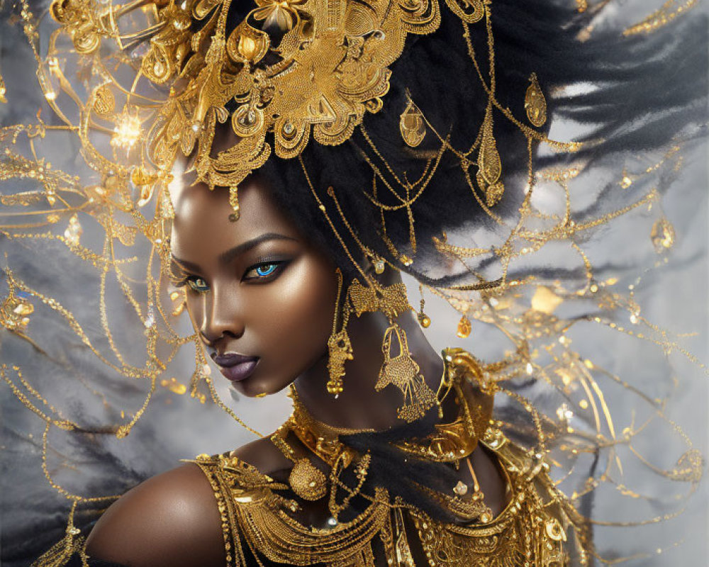 Striking makeup and golden accessories on a person against soft-focus backdrop